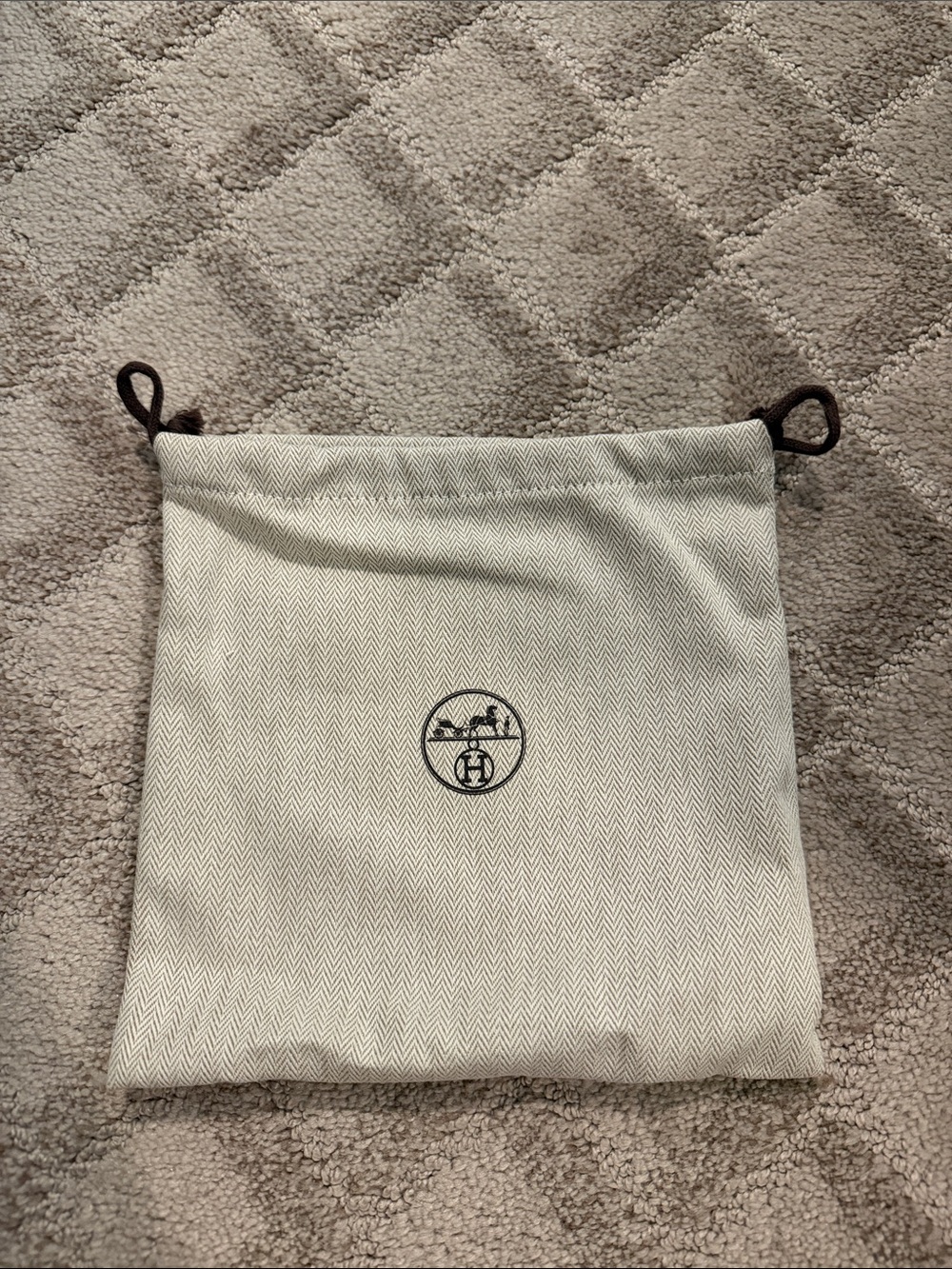 Hermes Cream Dust Bag with Black Logo and Drawstrings